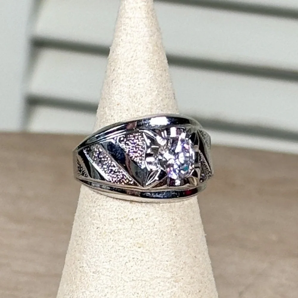 Vintage Art Deco Silver 14K HGE Cubic Zirconia Mens Statement Ring Size 7.5